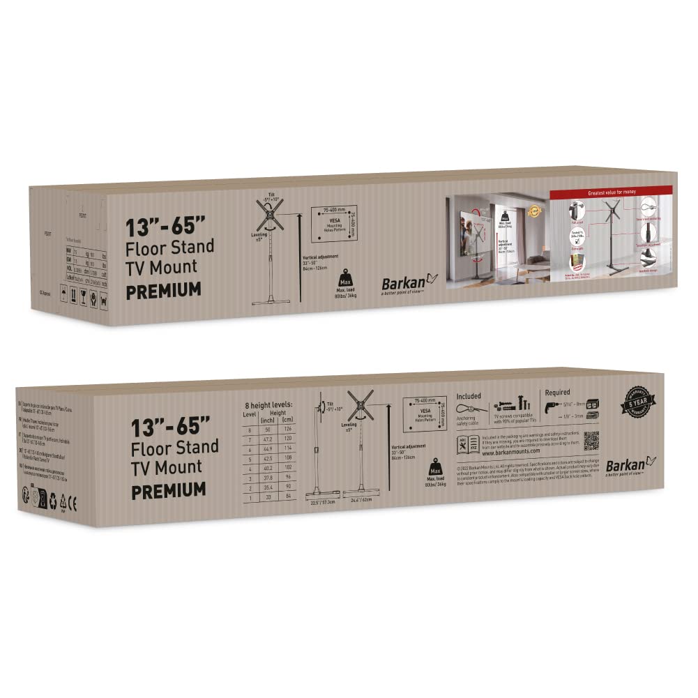 Barkan Soporte TV de Suelo para Pantallas de 13-65 Pulgadas, Giratorio e inclinación y Altura Ajustable, Acabado Brillante, TV Pie, Peso máximo 36Kg, hasta VESA 400x400