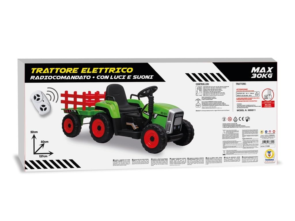 Teorema Giocattoli Teorema 66692 – Tractor eléctrico de 12 V para niños, con Luces, Sonidos, Remolque, Reproductor MP3, Entrada Auxiliar, USB y Mando a Distancia