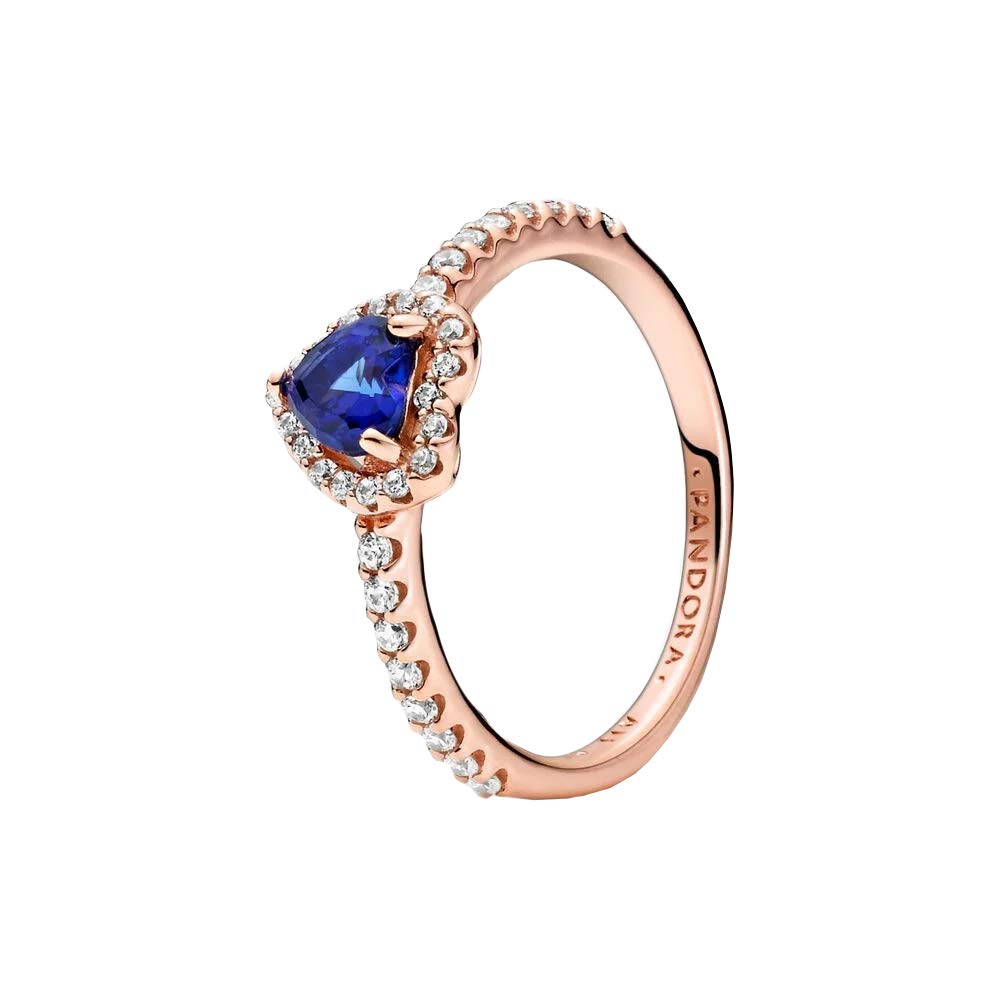 Pandora Timeless Anillo con diseño de corazón chapado en oro rosa de 14 quilates con circonitas cúbicas transparentes y cristal azul crepúsculo, talla 48