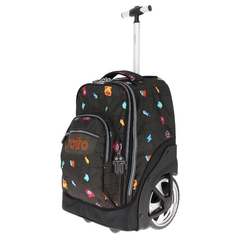TOTTO - Mochila Escolar con Ruedas, Modelo Papel, Mochila Grande, Capacidad 33 Litros, Bolsillo para PC 14", 3 Compartimentos, Ruedas Grandes, Manija Telescópica, Estampado Videojuegos Negro