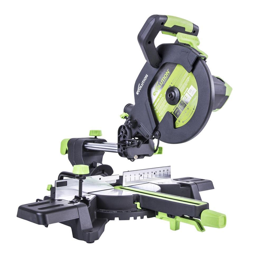 Evolution Power Tools F255SMS Sierra ingletadora deslizante multimaterial, Corta acero dulce, aluminio, plástico, madera con clavos incrustados, 255 mm (230V)