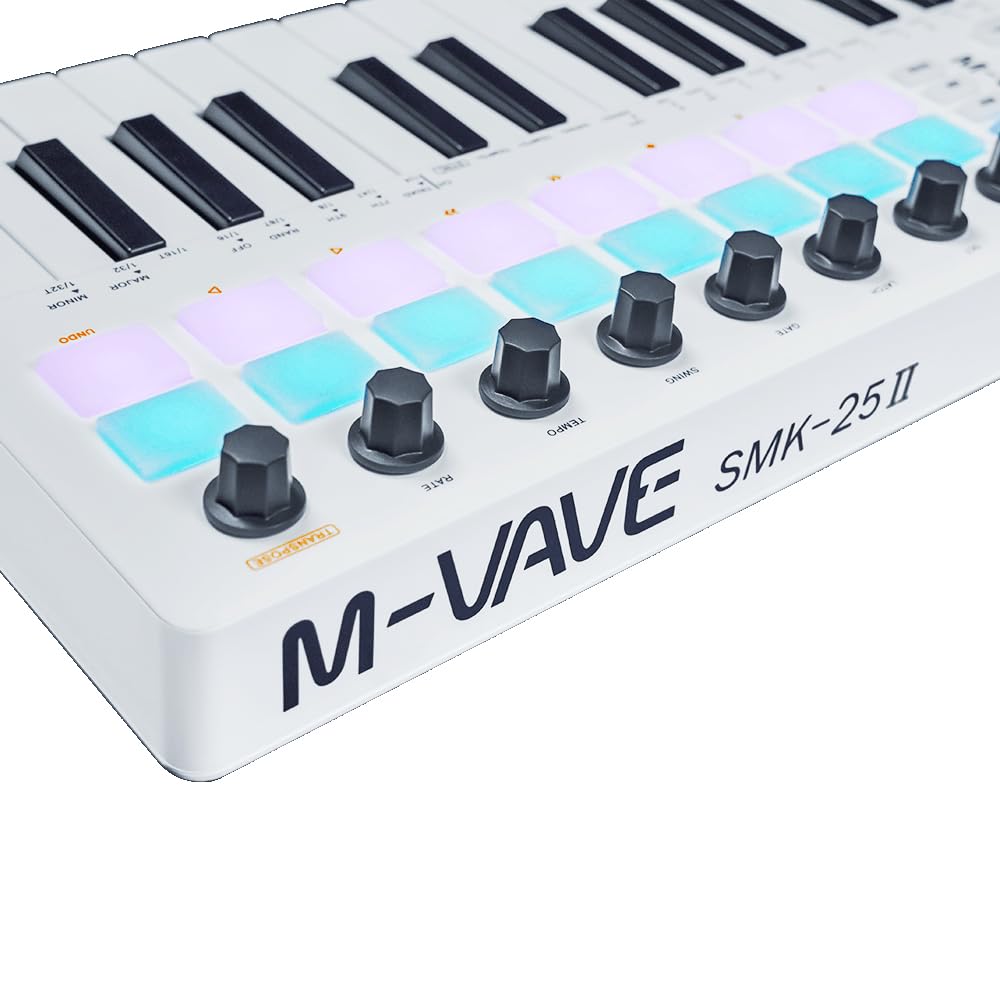 M-Vave SMK 25 MKII - Teclado Controlador Inalámbrico BT Midi con 16 Drum Pads Retroiluminados, 8 Botones, Arpegio, USB, Blanco