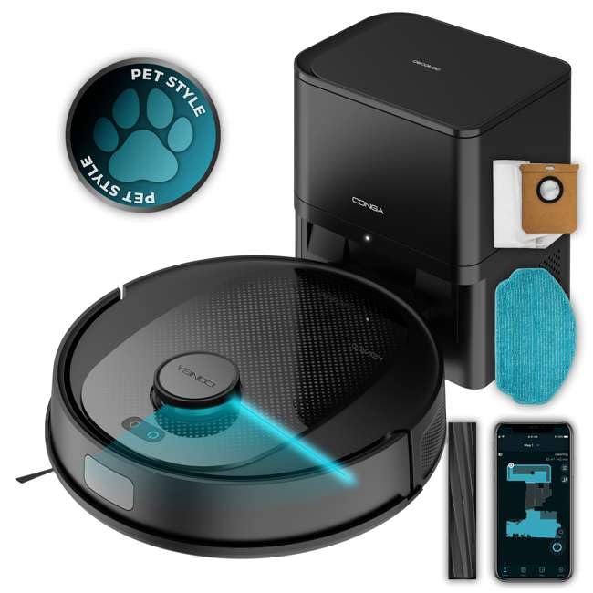 Cecotec Robot Aspirador y Base Autovaciado Conga 7690 Immortal MAX Home M, Navegación Laser, Succión 5000 Pa, hasta 220min Autonomía, Base, 2,5L, Control App, 4en1 Barre, aspira, friega y Pasa mopa