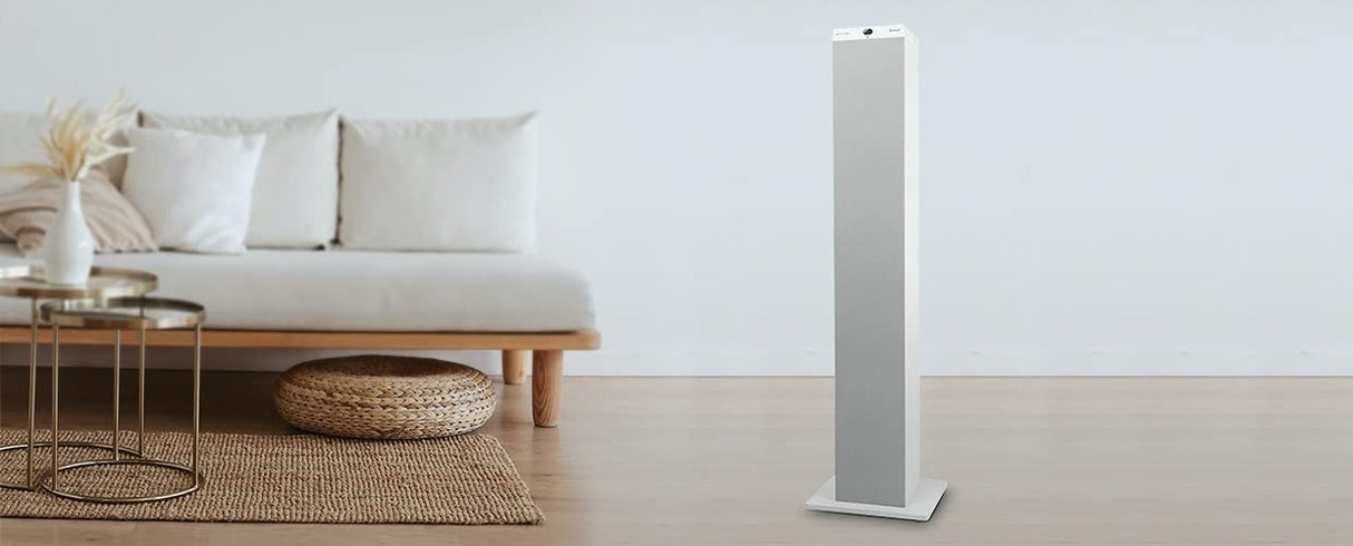 Muse M-1250 BTW - Torre de Sonido Bluetooth con Radio PLL FM - 100W - 20 Estaciones almacenables - Subwoofer Integrado - Blanco