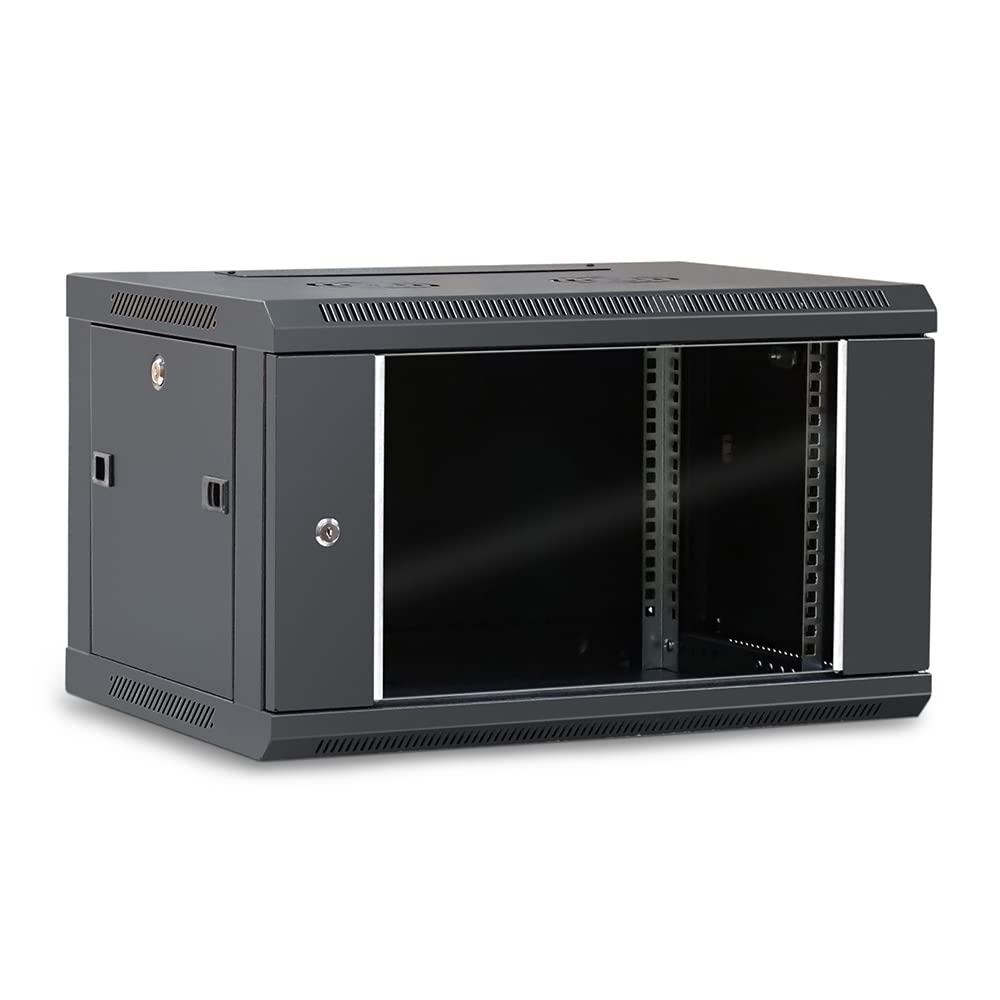 WAYTEX 37401 - Caja de Armario de Red de 19 Pulgadas, 6U – 600 x 450 x 368 mm – Montaje en Pared o Patas suministradas – Puerta de Cristal con Cerradura – Color Negro