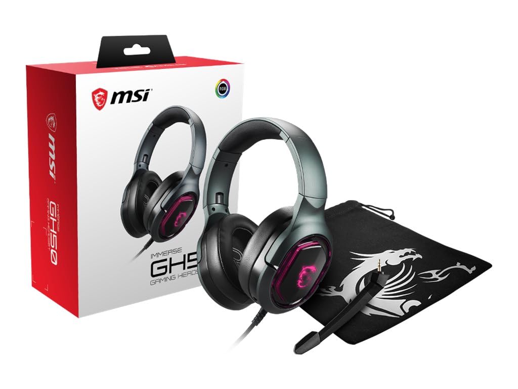 MSI IMMERSE GH50 GAMING HEADSET - Auriculares Sonido Envolvente Virtual 7.1, Sistema de Vibración, Drivers Neodimio 40mm, Iluminación RGB, Mic Extraíble, Regulador en Línea, Conector USB2.0 -Alámbrico