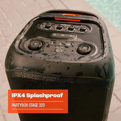 JBL PartyBox Stage 320, Altavoz portátil para fiestas, con asa telescópica y ruedas, Bluetooth, espectáculo de luces, resistente a salpicaduras IPX4, hasta 18h de reproducción, negro