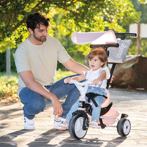 Smoby Triciclo Baby Driver Confort Rosa 3 en 1 Progresivo para Niños a Partir de 10 Meses, con Parasol Anti-UV, Volante con Claxon y Ruedas Silenciosas (7600741504)