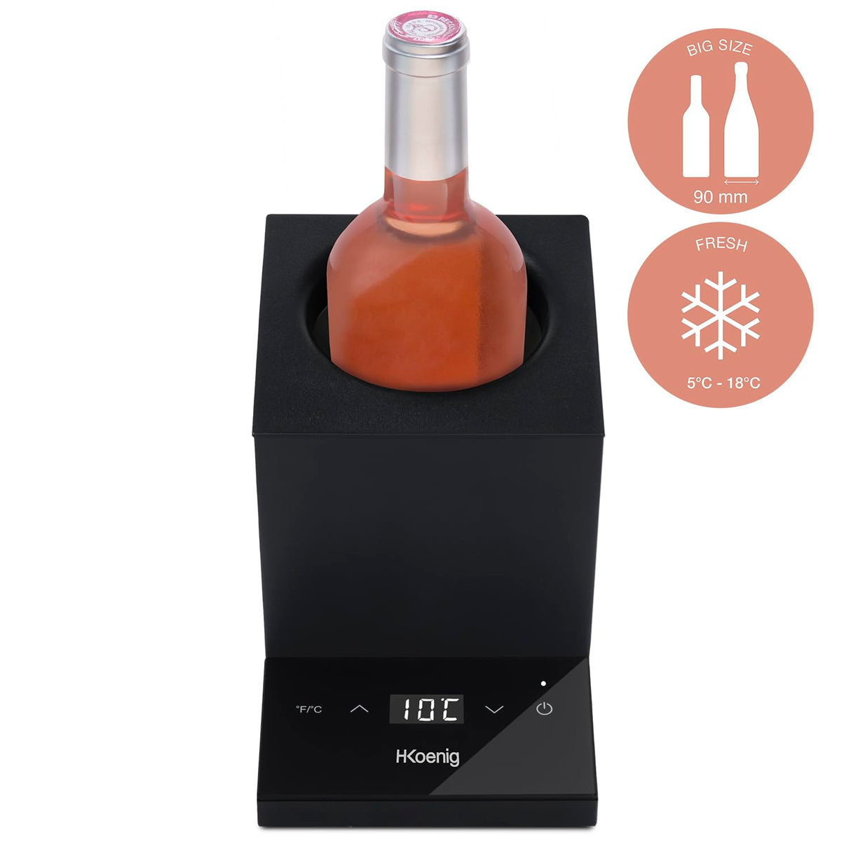 H.Koenig Vino LVX26, vino blanco, vino tinto, rosado, champán, hasta 9 cm de diámetro, temperatura ajustable de 5° a 18° celsius, control digital, potencia: 72 W