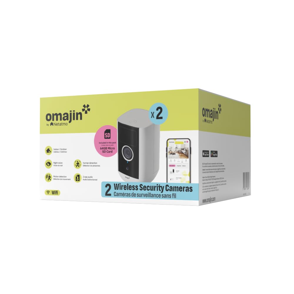OMAJIN by Netatmo, 2 x Cámara Seguridad Interior Exterior 2K inalámbrica, Visión 140°, IP65 Waterproof, 64 SD/Cloud, Detección Humana/Movimiento, batería 9600mAh, Audio bidireccional, OBU-2OWC