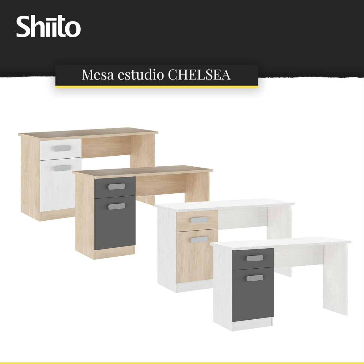 Shiito | Modelo Chelsea - Mesa de Estudio con 2 Cajones | Natural Grafito - 70.8 x 120 x 49.8 cm | Escritorio Sencillo y Moderno