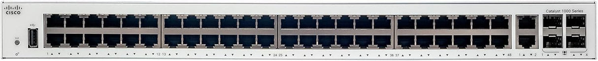 Cisco Switch de red Cisco Catalyst 1000-48T-4G-L, 48 puertos Gigabit Ethernet (GbE), 4 puertos de enlace ascendente SFP de 1 G, garantía limitada de por vida mejorada (C1000-48T-4G-L)