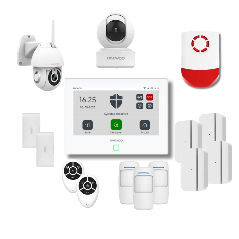 Daewoo AM371 - Kit de Alarma (WiFi y gsm, 7 Pulgadas, 12 Accesorios, Sirena Exterior, 2 cámaras giratorias Full HD