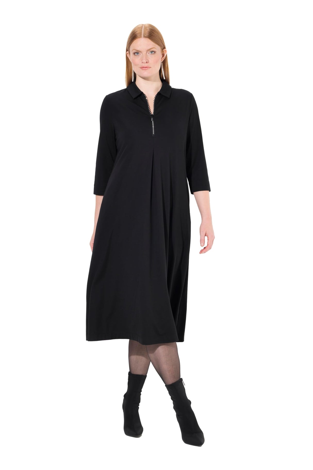 Ulla Popken Puntokleid, Glitzer-reißverschluss, 3/4-arm Vestido, Negro, 50-52 Mujeres