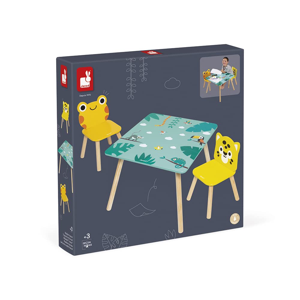 Janod - Mesa y 2 Sillas de Madera Tropik - Mobiliario para Niños - Mesa 55 x 55 cm, Silla Rana y Silla Jaguar - Pintura al Agua - A partir de 3 Años, J08273