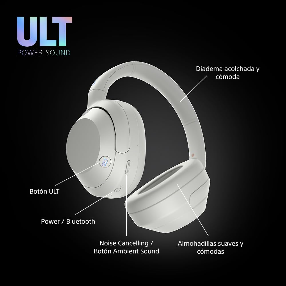 Sony ULT Wear, Auriculares inalámbricos Bluetooth con ULT Power Sound, Ultimate Deep Bass, Noise Cancelling, Calidad de Llamada nítida, hasta 30H de autonomía de batería, iOS y Android, Blanco Marfil