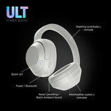 Sony ULT Wear, Auriculares inalámbricos Bluetooth con ULT Power Sound, Ultimate Deep Bass, Noise Cancelling, Calidad de Llamada nítida, hasta 30H de autonomía de batería, iOS y Android, Blanco Marfil