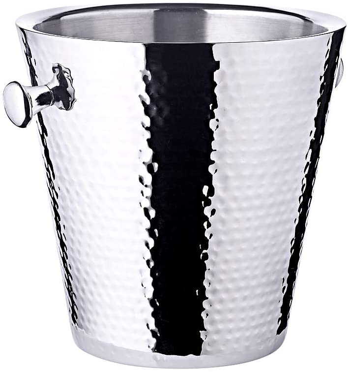 EDZARD Champanera/refrigerador de botellas Valencia, con soporte, acero inoxidable muy pulido, de doble pared, exterior martillado, altura total 83 cm, altura de refrigador 23 cm, diámetro 22 cm
