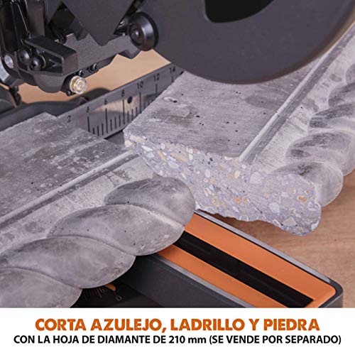 Evolution Power Tools - R210SMS-300+ Ingletadora deslizante multimaterial de 210 mm (230 V), con paquete plus, Corta acero dulce, aluminio, plástico, madera con clavos incrustados