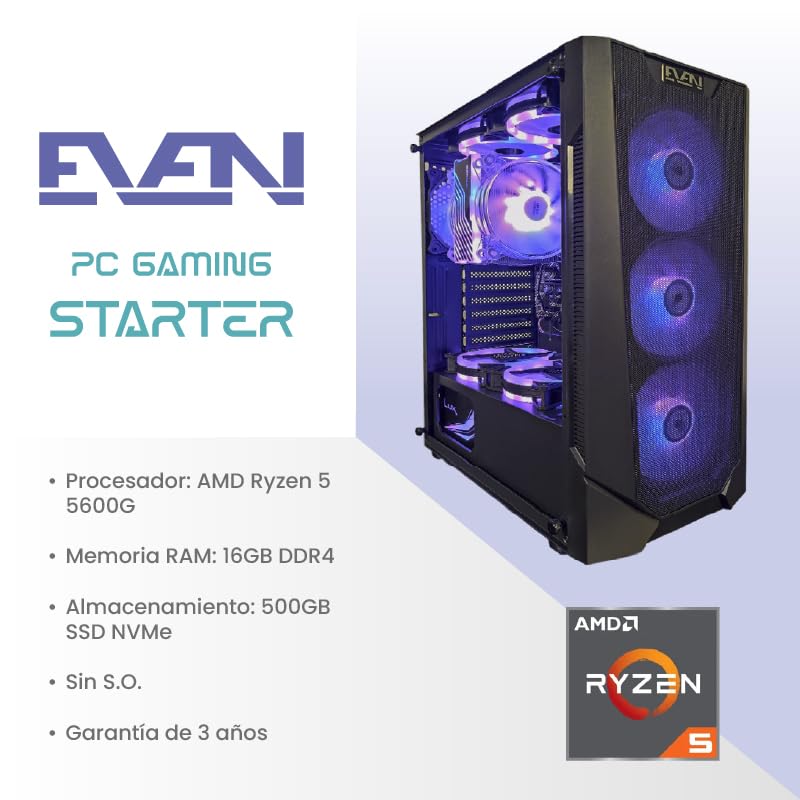 EVEN - PC Gaming Starter Ryzen 5 5600G | 16GB DDR4 RAM| 500GB NVME SSD|5X Ventiladores | Sin Sistema Operativo