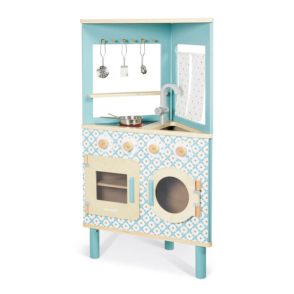 Janod - Cocina de Madera Trío - Compacta 3 Caras - Juguete Imitación Cocina y Vajilla - Estilo Retro - 5 Utensilios de Metal - Pintura al Agua - A partir de 3 Años, J06546