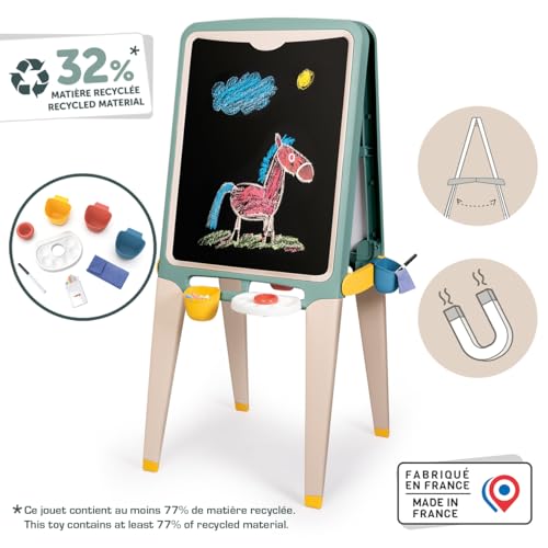 Smoby – Cuadro grande – Caras de tiza y magnética – Bandejas desmontables – 13 accesorios – Material reciclado – Fabricación francesa
