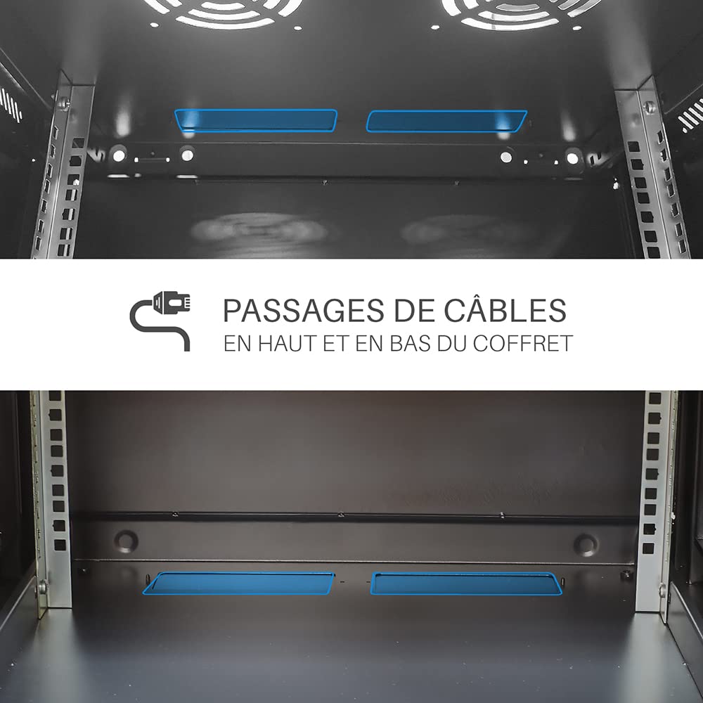 WAYTEX 37401 - Caja de Armario de Red de 19 Pulgadas, 6U – 600 x 450 x 368 mm – Montaje en Pared o Patas suministradas – Puerta de Cristal con Cerradura – Color Negro