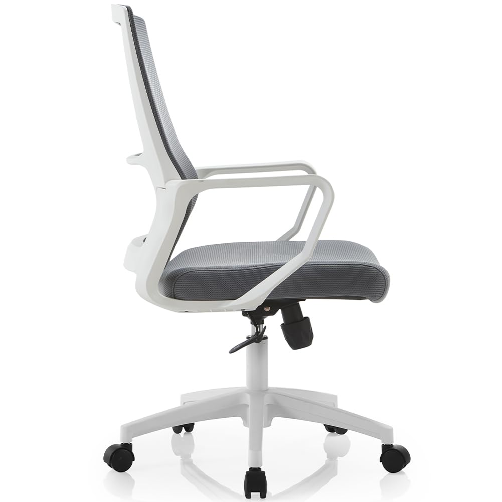 Shally Dogan Silla de Oficina ergonómica giratoria con Soporte Lumbar, sillón de Escritorio, Estudio, Dormitorio, reclinable con Altura Ajustable, Base Blanca Robusta, Respaldo antisudor (Gris)