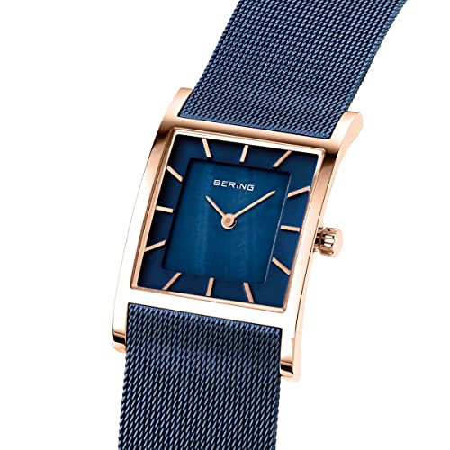 BERING 10426-367-S Reloj de cuarzo para mujer con caja de acero inoxidable de 26 mm con acabado en oro rosa y esfera azul, correa milanesa, cristal de zafiro y resistencia al agua de 5 ATM