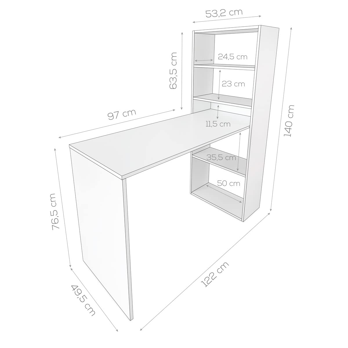 Mattfy - Mesa de Escritorio Multifuncional con Estantería Integrada, Acabado en Blanco, Ideal para Espacios de Trabajo y Estudio, Medidas: 122 cm (Ancho) x 53,2 cm (Fondo) x 140 cm (Alto)