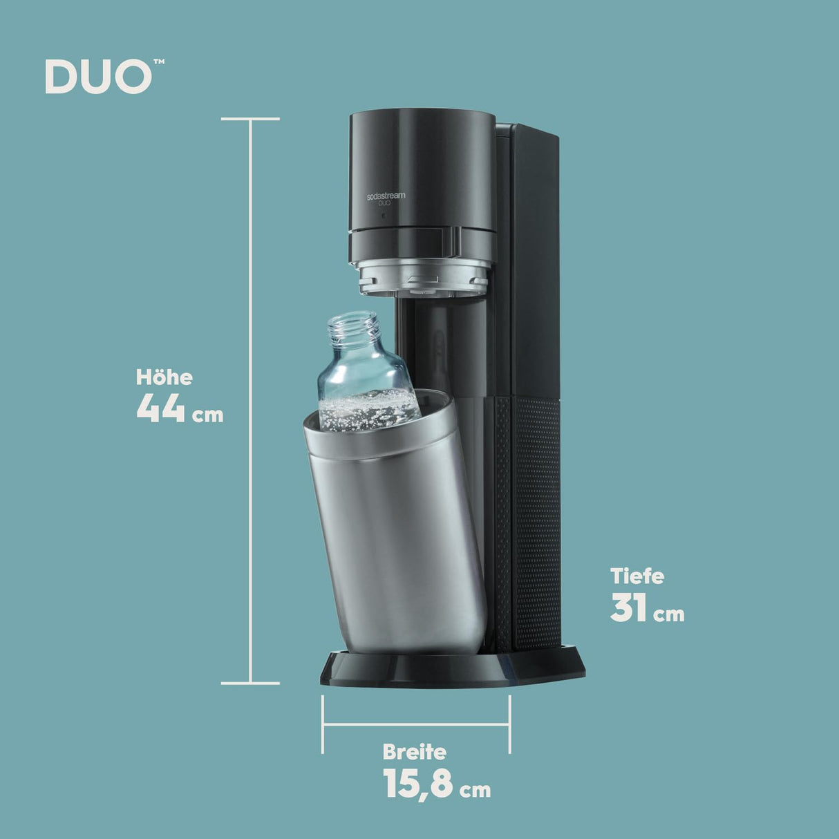 SodaStream Juego de pulverizadores DUO Comfort con cilindro de CO2, 2 botellas de cristal de 1 L, 2 botellas de plástico de 1 l aptas para lavavajillas y soporte para botellas sitólico, altura: 44 cm,