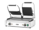 HENDI Parrilla Eléctrica de Contacto Doble, Grill/Plancha Panini y Sandwichera Profesional, Placas Acanaladas y Lisas de Hierro Fundido Esmaltado, 230V, 3600W, 570x375x(H)216mm, Acero Inoxidable