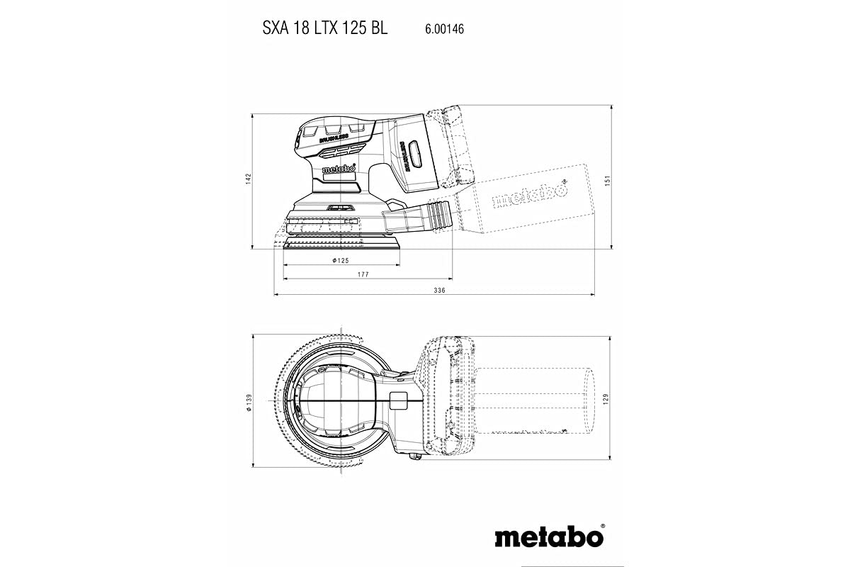 METABO 691200000 - Set lijadora excéntrica con motor sin escobillas versión SIN BATERIAS 18V Li-Ion SXA 18 LTX 125 BL + 100 hojas de lijar y maletín MetaBox 118