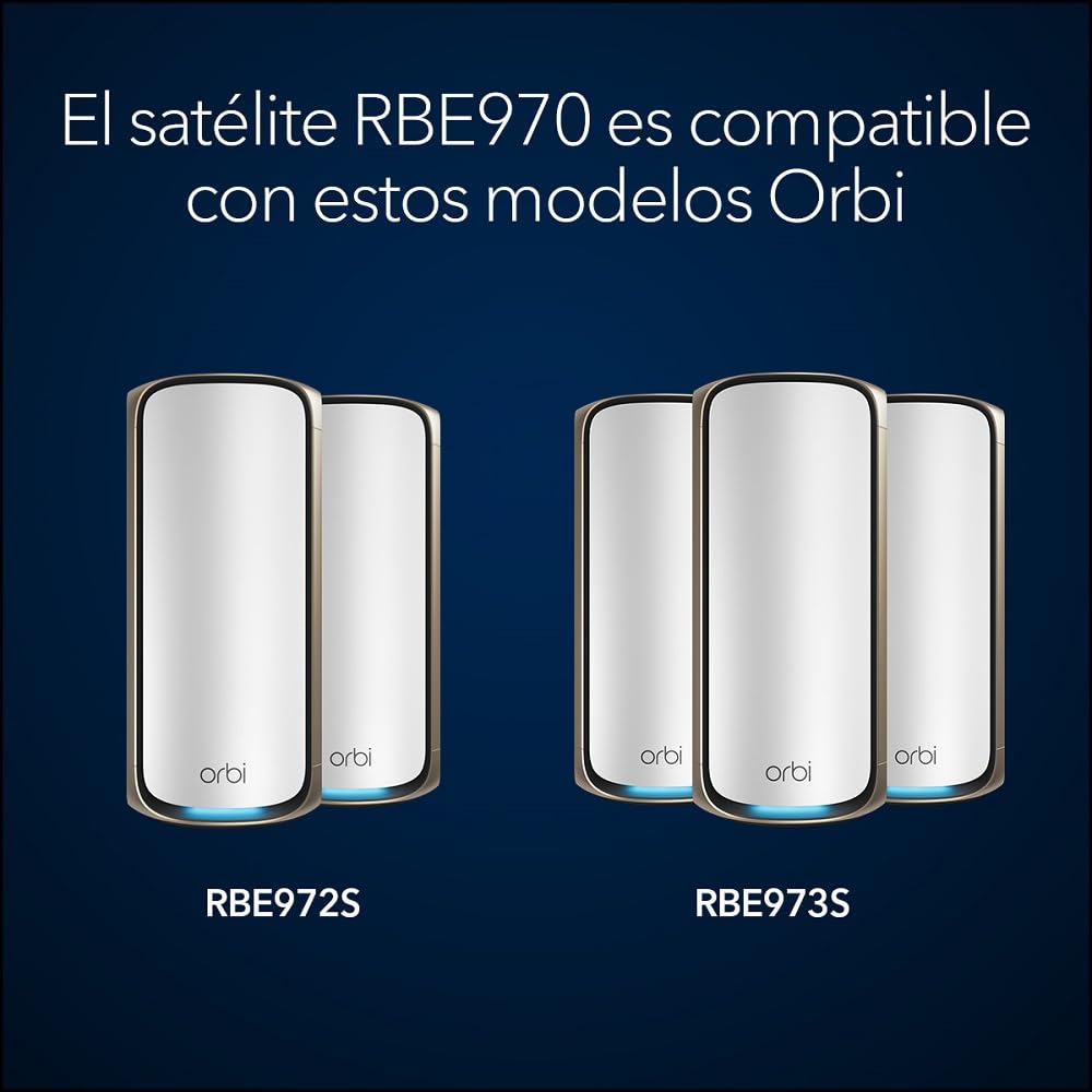 Netgear Orbi Satélite Mesh Adicional WiFi 7 Serie 970 Quad-Band RBE970 | Funciona con Orbi RBE972S y RBE973S |amplía la Cobertura up to 300 m2s |BE27000 802.11be (hasta 27Gbps)