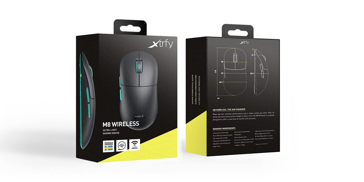 Xtrfy M8 Wireless, Ratón Gaming Inalámbrico Ultraligero, Optimizado para eSports, Radiofrecuencia 2,4 GHz, Parte Frontal Extrabaja para Mayor Precisión, Recargable, Negro