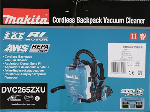 Makita DVC265ZXU Aspirador 18Vx2 + Tubo 1,5m AWS Bluetooth 2L, 36V,