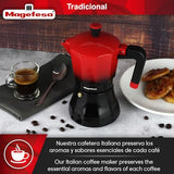MAGEFESA Tradicional - Cafetera Italiana Negra y Roja, 9 Tazas, 450ml, Acero Inoxidable y Aluminio, Todo Tipo de Cocinas, Induccion, Mango Toque Frío