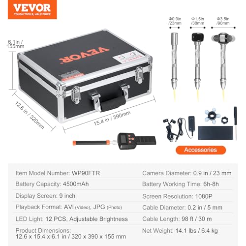 VEVOR Cámara de Alcantarillado con Localizador 512 Hz, 30 m, Cámara de Inspección de Drenaje con Nivelación Automática, Zoom 36X, 12 LED, Tarjeta 32 GB, para Tuberías de Conductos, 320 x 390 x 155 mm