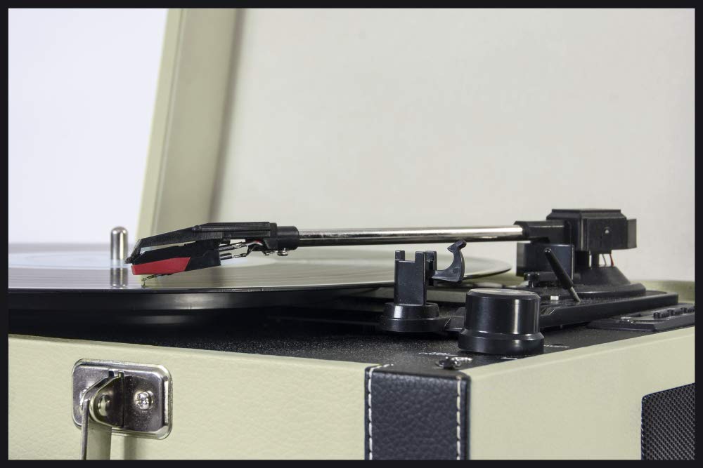 Madison - Mad-RETROCASE-CR - Estuche para Tocadiscos Retro (33, 45, 78 RPM) con Altavoces incorporados, Bluetooth, USB, SD - Adaptador de 45 RPM Incluido - Cuero Azul Claro