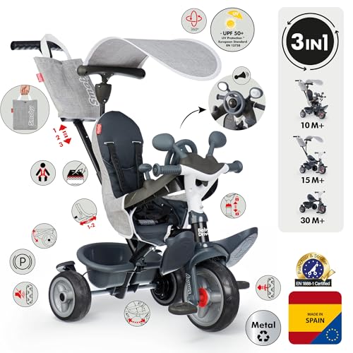 Smoby - Triciclo Baby Driver Confort Gris 3 en 1 Progresivo, Sostenible, Freno de Estacionamiento, Barra Parental Ajustable, Volante con Claxon, Desde 10 Meses hasta 3 Años (7600741503)