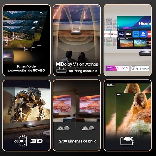 Hisense PL2 - Proyector Laser UHD 4K Smart TV de Tiro Corto, de 80 a 150 Pulgadas, 2400 lumenes, HDR10, Contraste Nativo 3000:1, Dolby Vision, Dolby Atmos, Smooth Motion, Mando Solar