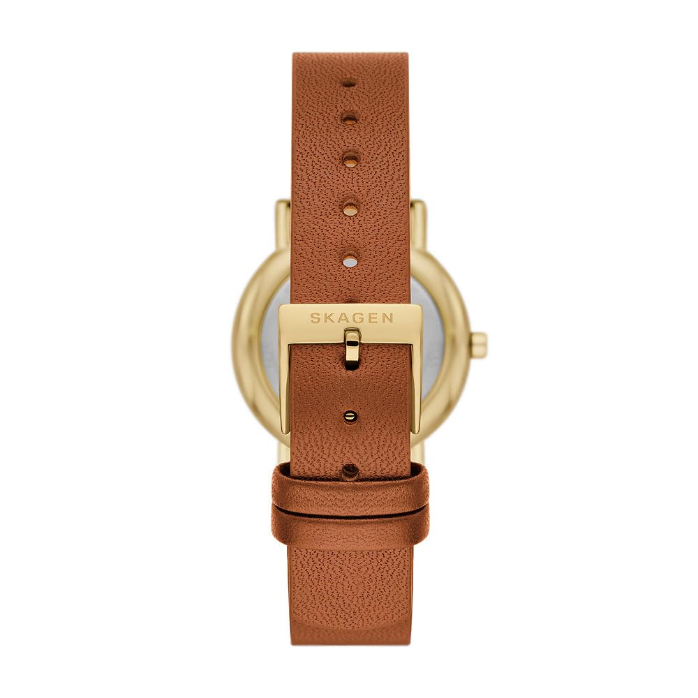 Skagen Signatur Lille Reloj para mujer, Movimiento de cuarzo a dos agujas en tono dorado con correa de acero o piel, 30 mm, Marrón Y Blanco