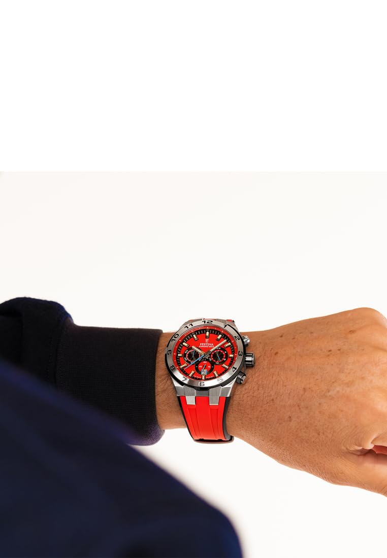 Festina Reloj Hombre F20671/5 Chrono Bike Caja de Acero Inoxidable 316l Plateado Correa de Caucho Rojo