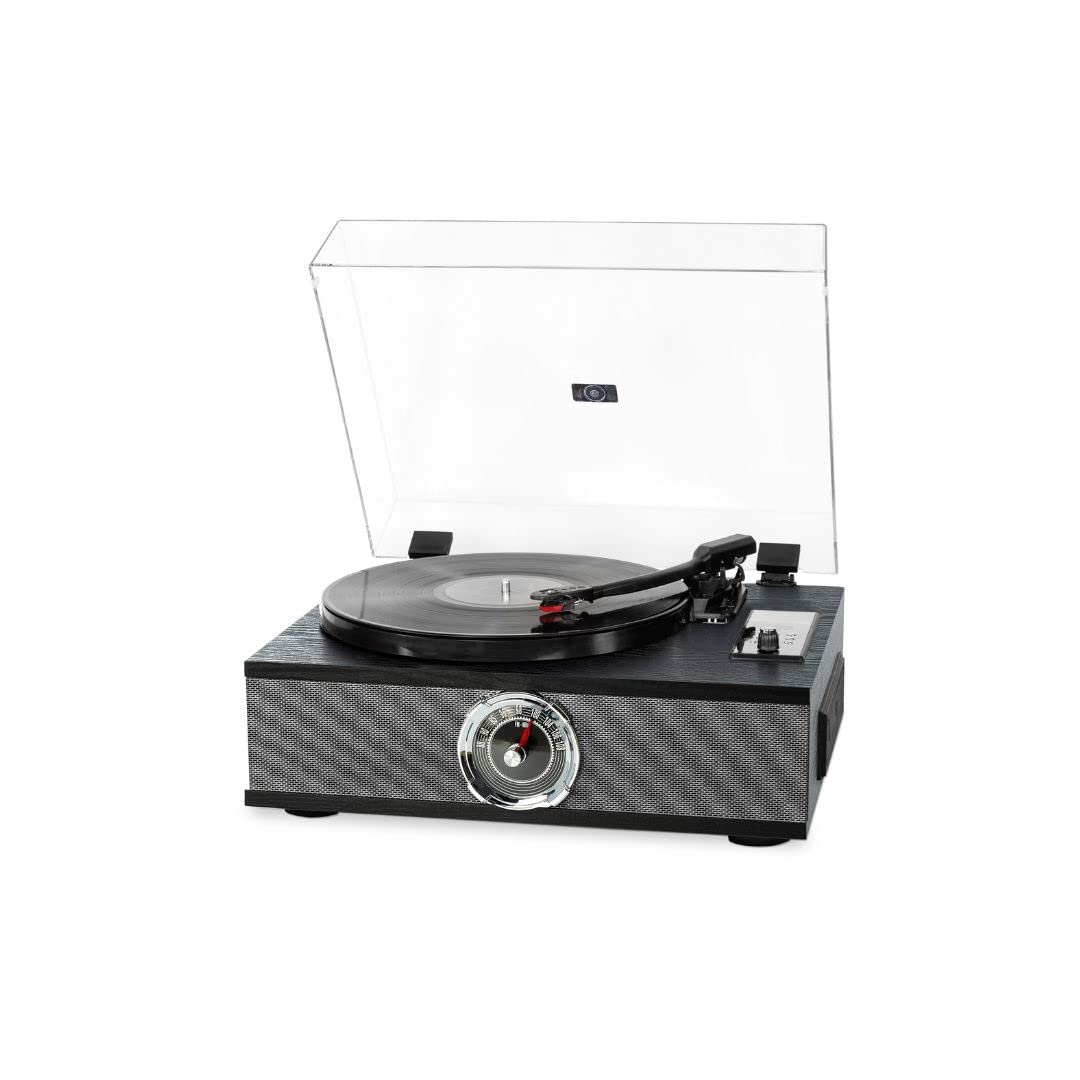 Platino Vinilo Halterrego Todo en uno con 2 HP Integrados/Tapa, RMS 2 x 8 W, 3 velocidades, Reproductor de CD, BT in, Radio FM, Aux in, RCA out, Color Negro