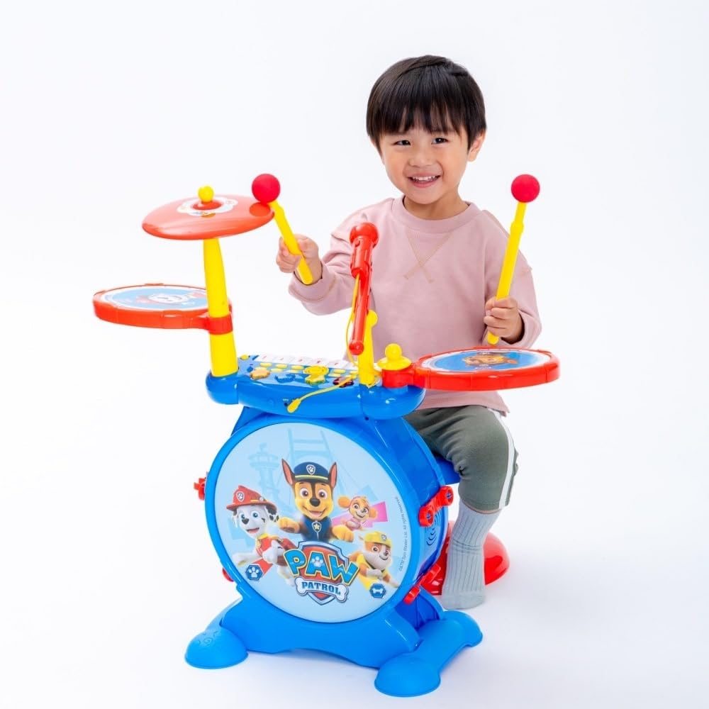 Lexibook, Paw Patrol, Set electrónico para niños, Juego de Juguete Musical, Sonido de batería Realista, Teclado de 8 Teclas, Enchufe MP3, Asiento Incluido, Azul/Rojo, K610PA