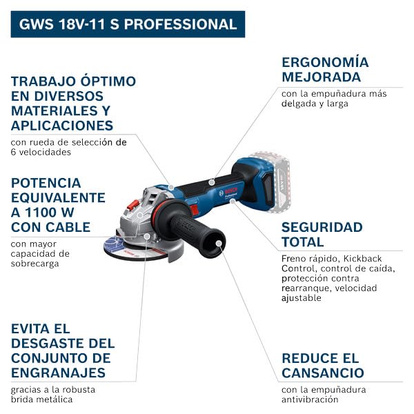 Bosch Professional 18V System amoladora angular a batería GWS 18V11 S (diámetro del disco de 115 mm), sin ajustes de velocidad