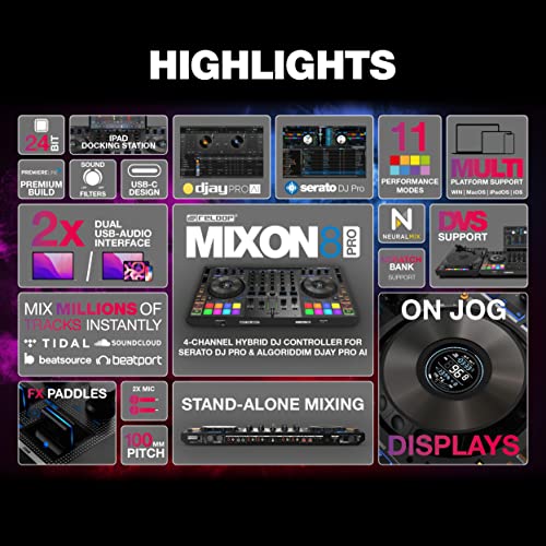 Reloop Mixon 8 Pro | 4-Kanal -Multi-Platform-Performance-Controller für Serato & djay, Jogwheel -Displays & 4 Instant-FX-Kippschalter, Dual-Audio-Interface mit USB-C & Stand-Alone-Mixing