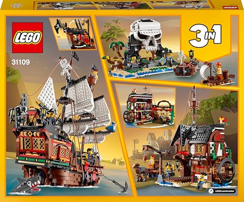 LEGO Creator 3-en-1 Barco Pirata, Isla Calavera o Taberna, Juego Creativo de Construcción con Tiburón de Juguete y Mini Figuras, Regalo para Niños y Niñas de 9 Años o Más 31109