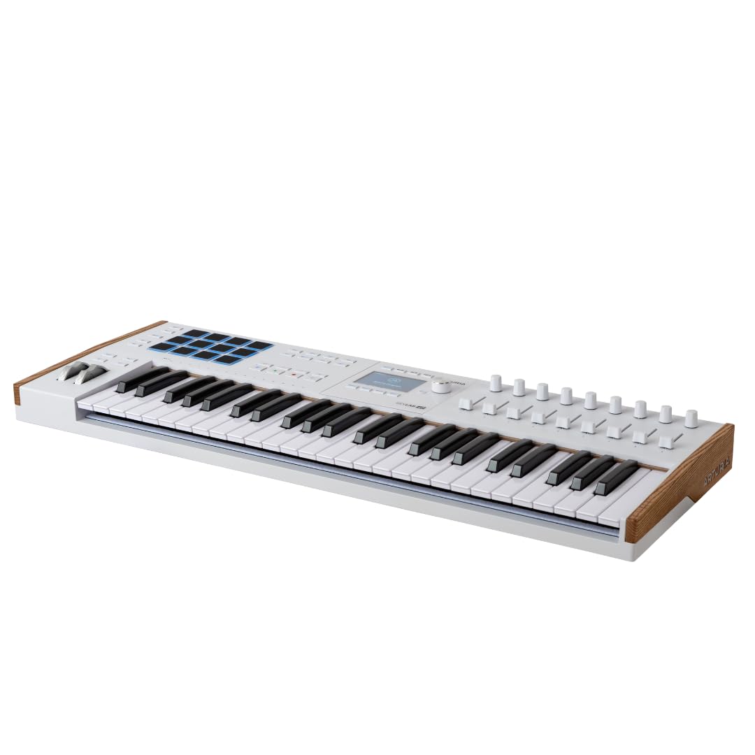 Arturia KeyLab 49 MK3 White, teclado c/controlador MIDI producción, paq. software todo-en-1-49 teclas, 9 codificadores, 9 faders, 1 rueda modulación, 1 rueda inflex. tono, 12 almohadillas - Blanco