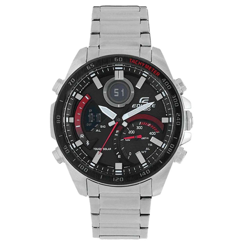 Casio Reloj Solar Hombre 48.00mm con dial Análogico-Digital Negro y Correa de Pulsera de Metal Plata ECB-900DB-1AER